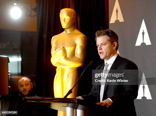 Actor Matt Damon speaks onstage at the 89th Annual Academy Awards' Foreign Language Reception at the Academy of Motion Picture Arts and Sciences on...