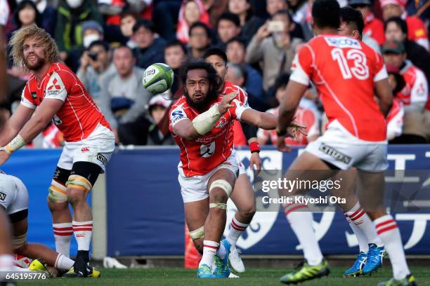 Liaki Moli of the Sunwolves passes the ball during the Super Rugby Rd 1 game between Sunwolves and Hurricanes at Prince Chichibu Memorial Ground on...