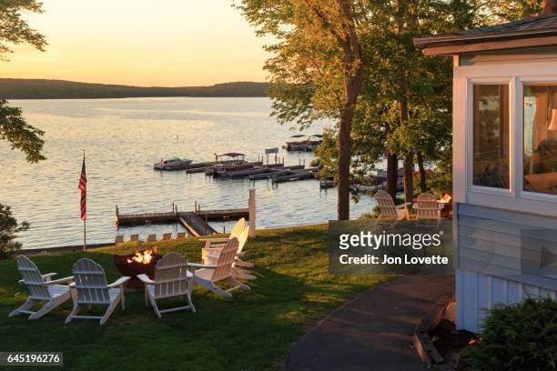 fire pits at sunset at lake resort - pocono mountains region stock pictures, royalty-free photos & images