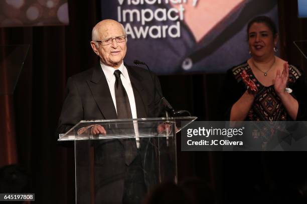 Writer Norman Lear speaks onstage during the 20th Annual National Hispanic Media Coalition Impact Awards Gala at Regent Beverly Wilshire Hotel on...
