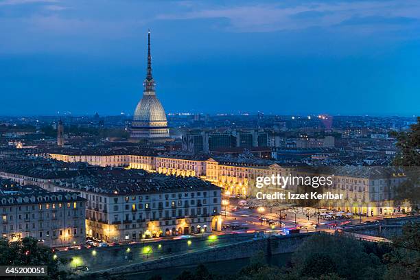 view of turin and mole antonelliana  at dusk - mole antonelliana stock-fotos und bilder