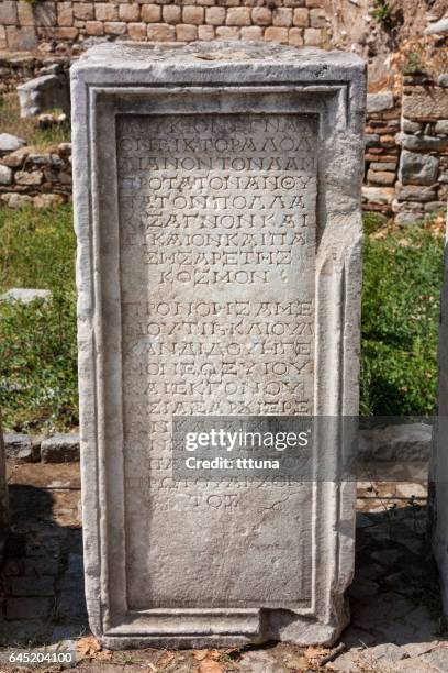 tombstones in aphrodisias - ancient greek alphabet stock pictures, royalty-free photos & images