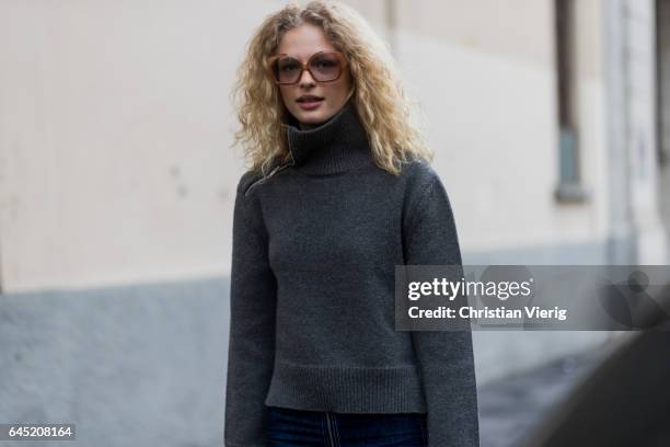 Model Frederikke Sofie outside Etro during Milan Fashion Week Fall/Winter 2017/18 on February 24, 2017 in Milan, Italy.