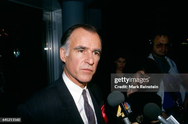 American politician and Democratic Presidential candidate Jerry Brown talks with reporters outside the ABC studios, Washington DC, May 9, 1992. He...