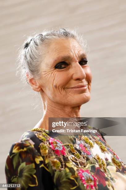 Benedetta Barzini prepares backstage ahead of the Antonio Marras show during Milan Fashion Week Fall/Winter 2017/18 on February 25, 2017 in Milan,...