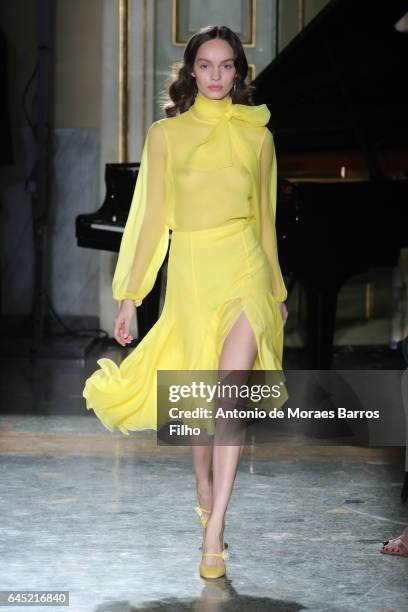 Model walks the runway at the Blumarine show during Milan Fashion Week Fall/Winter 2017/18 on February 25, 2017 in Milan, Italy.