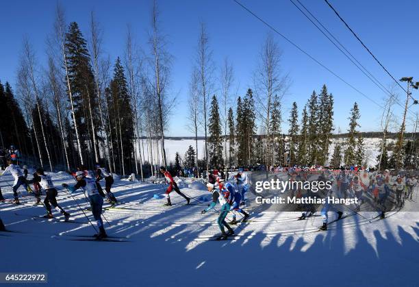 General view as the skiers compete in the Men's Cross Country Skiathlon during the FIS Nordic World Ski Championships on February 25, 2017 in Lahti,...