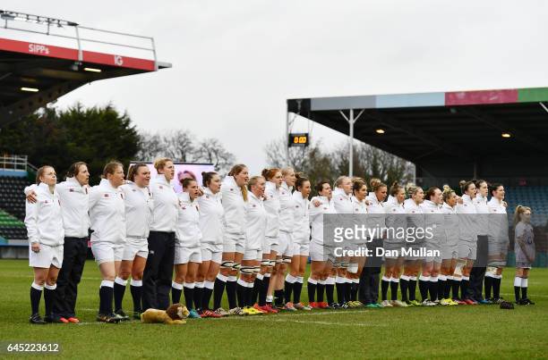 The England team line up for the national anthem during the RBS Womens Six Nations match between England and Italy at Twickenham Stoop on February...