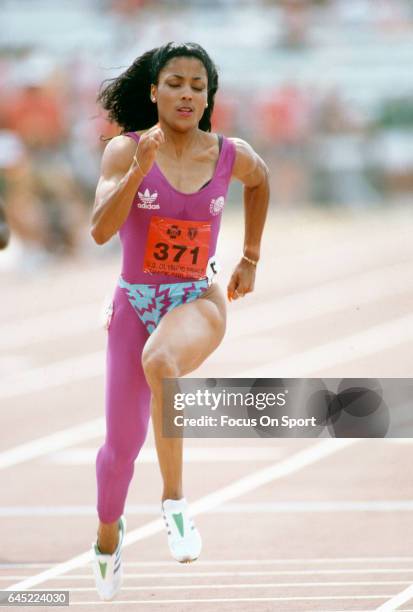 Florence Griffith Joyner competes at the 1988 Olympics Trials circa 1988 at IU Michael A. Carroll Track and Soccer Stadium in Indianapolis, Indiana.