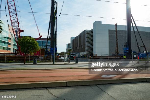 Construction equipment in the Mission Bay neighborhood of San Francisco, California, near the future home of Chase Center, the new stadium for the...