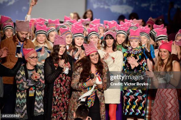 Angela Missoni poses with models on the runway at the Missoni show during Milan Fashion Week Fall/Winter 2017/18 on February 25, 2017 in Milan, Italy.