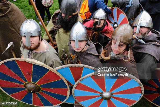 Viking re-enactors from Canute's Army march to Coppergate in a show of strength before battle during a living history display on February 25, 2017 in...