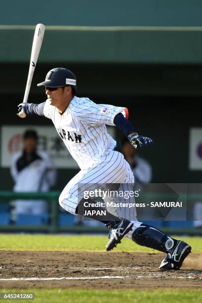 Kosuke Tanaka of Samurai Japan bats during the SAMURAI JAPAN Friendly Opening Match between SAMURAI JAPAN and Fukuoka SoftBank HAWKS at the Sun...