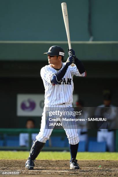 Kosuke Tanaka of Samurai Japan bats during the SAMURAI JAPAN Friendly Opening Match between SAMURAI JAPAN and Fukuoka SoftBank HAWKS at the Sun...