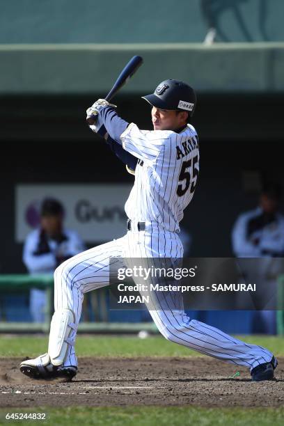 Shogo Akiyama of Samurai Japan bats during the SAMURAI JAPAN Friendly Opening Match between SAMURAI JAPAN and Fukuoka SoftBank HAWKS at the Sun...