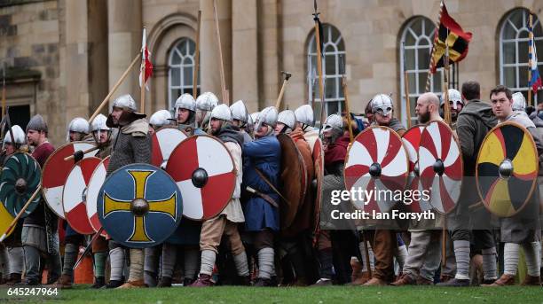 Viking re-enactors battle during a living history display on February 25, 2017 in York, United Kingdom. The battle saw hundreds of Viking warriors...