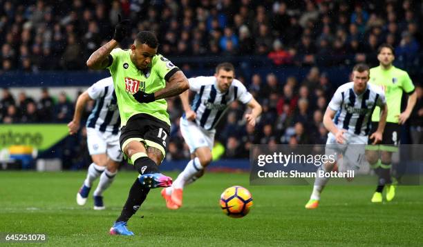Joshua King of AFC Bournemouth scores his sides first goal from the penalty spot during the Premier League match between West Bromwich Albion and AFC...