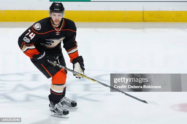 Joseph Cramarossa of the Anaheim Ducks skates during the game against the Los Angeles Kings on February 19, 2017 at Honda Center in Anaheim,...