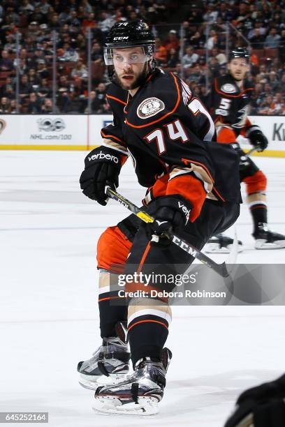 Joseph Cramarossa of the Anaheim Ducks skates during the game against the Los Angeles Kings on February 19, 2017 at Honda Center in Anaheim,...