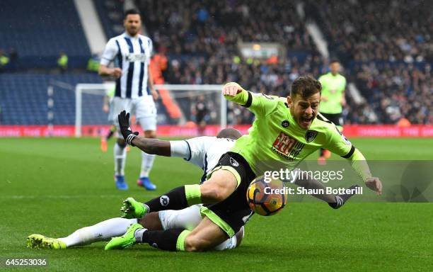 Ryan Fraser of AFC Bournemouth is fouled by Allan Nyom of West Bromwich Albion and a penalty is awarded to AFC Bournemouth during the Premier League...