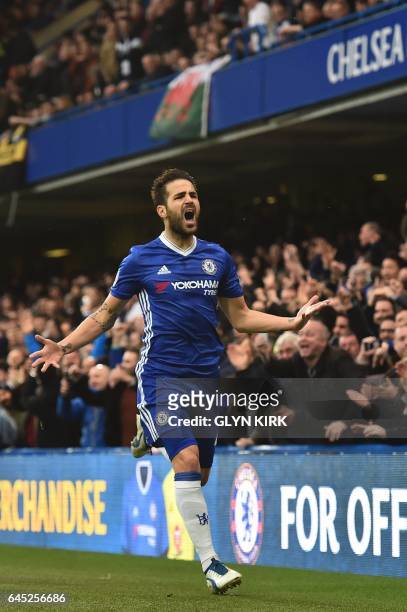 Chelsea's Spanish midfielder Cesc Fabregas celebrates scoring the opening goal during the English Premier League football match between Chelsea and...