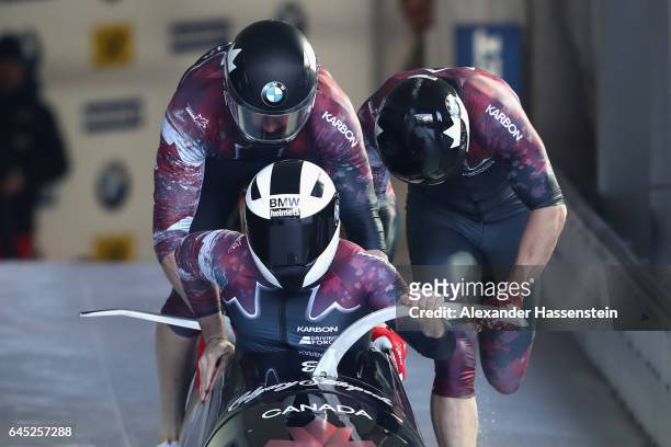 Pilot Justin Kripps of Canada competes with Alexander Kopacz, Jesse Lumsden and Lascelles Brown at the first run of the IBSF World Championships Bob...