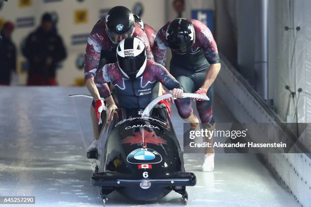 Pilot Justin Kripps of Canada competes with Alexander Kopacz, Jesse Lumsden and Lascelles Brown at the first run of the IBSF World Championships Bob...