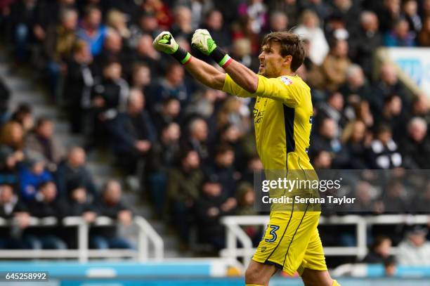 Bristol City Goalkeeper Fabian Giefer celebrates after Bristol City score the opening goal during the Sky Bet Championship Match between Newcastle...