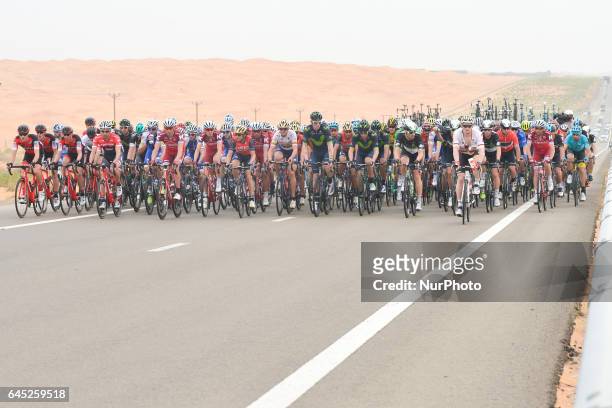Peloton of riders during the third stage, a 186km Al Maryah Island Stage from Al Ain to Jebel Hafeet. On Saturday, February 25 in Al Ain, Abu Dhabi,...