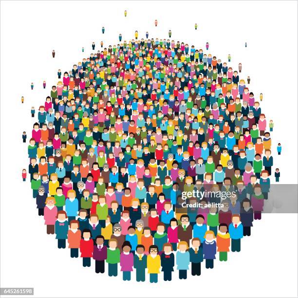 large group of stylized people in the shape of a circle. - abstract people icons stock illustrations