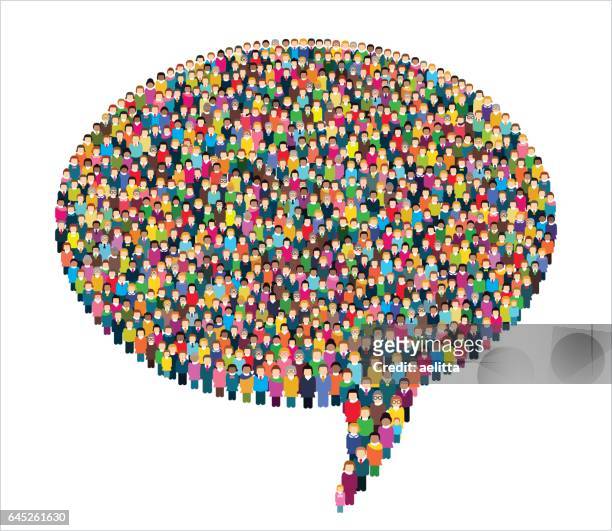 large group of stylized people in the shape of a speech bubble. - voice stock illustrations