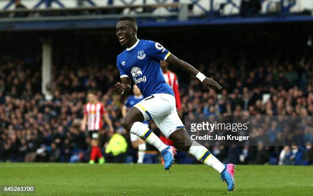 Idrissa Gueye of Everton celebrates scoring his sides first goal during the Premier League match between Everton and Sunderland at Goodison Park on...