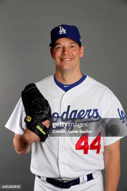 Rich Hill of the Los Angeles Dodgers poses on Los Angeles Dodgers Photo Day during Sprint Training on February 24, 2017 in Glendale, Arizona.