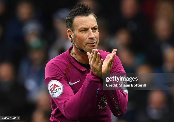 Referee Mark Clattenburg reacts during the Premier League match between West Bromwich Albion and AFC Bournemouth at The Hawthorns on February 25,...