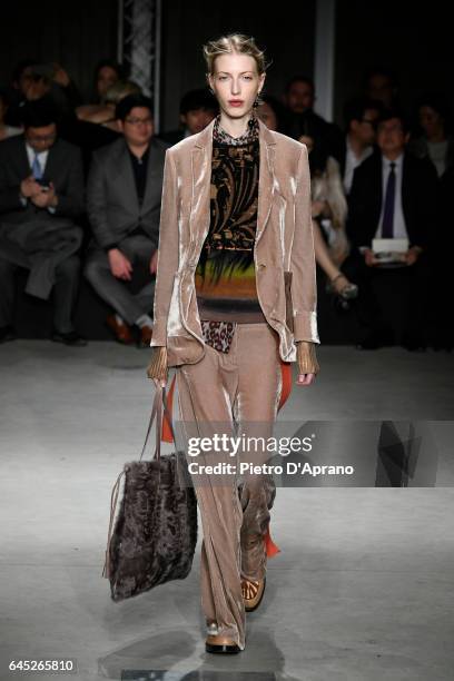 Model walks the runway at the Cividini show during Milan Fashion Week Fall/Winter 2017/18 on February 25, 2017 in Milan, Italy.