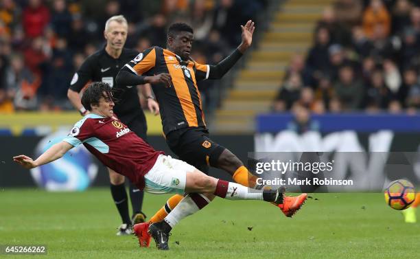 Joey Barton of Burnley tackles Alfred N'Diaye of Hull City during the Premier League match between Hull City and Burnley at KCOM Stadium on February...