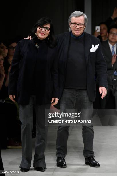 Designers Miriam Cividini and Piero Cividini step on to the runway at the Cividini show during Milan Fashion Week Fall/Winter 2017/18 on February 25,...