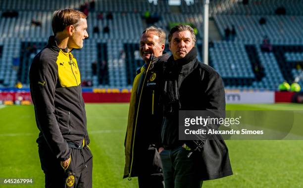 Thomas Tuchel, head coach of Borussia Dortmund, together with Hans-Joachim Watzke, CEO of Borussia Dortmund, prior to the Bundesliga match between SC...