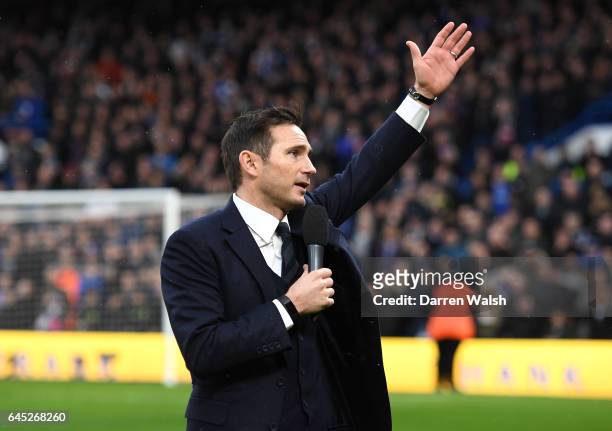 Frank Lampard shows appreciation to the fans at half time during the Premier League match between Chelsea and Swansea City at Stamford Bridge on...