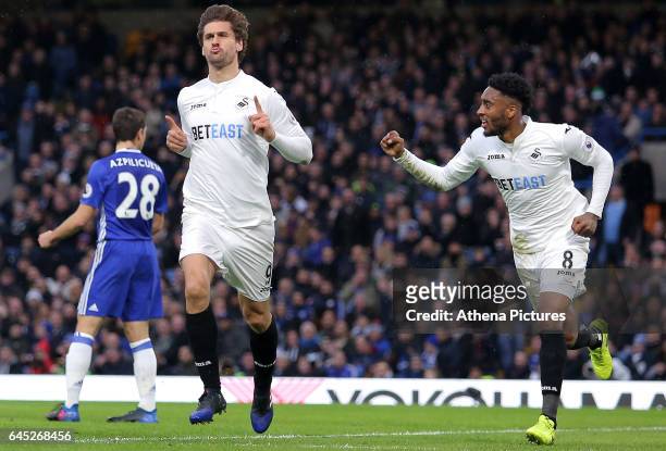 Fernando Llorente of Swansea City celebrates scoring his sides first goal of the match during the Barclays Premier League match between Chelsea and...