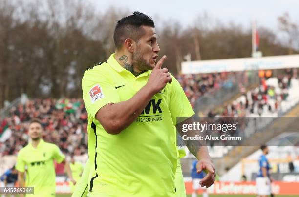 Raul Bobadilla of Augsburg celebrates his team's second goal during the Bundesliga match between SV Darmstadt 98 and FC Augsburg at...