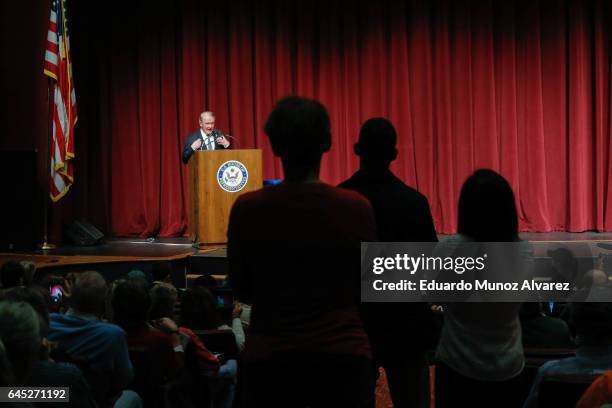 Congressman Leonard Lance responds to questions from constituents during a town hall event at the Edward Nash Theater on the campus of Raritan Valley...