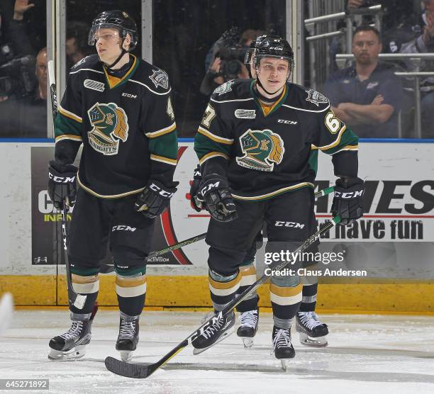 Mitchell Stephens of the London Knights seems pleased with his goal against the Windsor Spitfires during an OHL game at Budweiser Gardens on February...