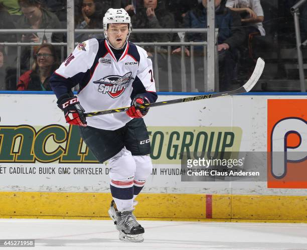 Sean Day of the Windsor Spitfires skates against the London Knights during an OHL game at Budweiser Gardens on February 24, 2017 in London, Ontario,...