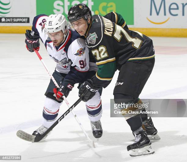 Aaron Luchuk of the Windsor Spitfires battles against Janne Kuokkanen of the London Knights during an OHL game at Budweiser Gardens on February 24,...