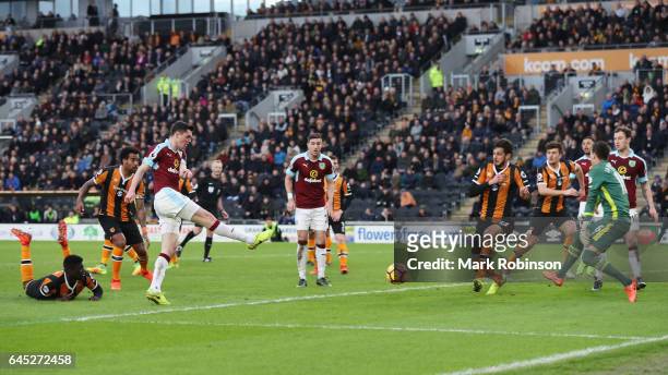 Michael Keane of Burnley scores his sides first goal during the Premier League match between Hull City and Burnley at KCOM Stadium on February 25,...