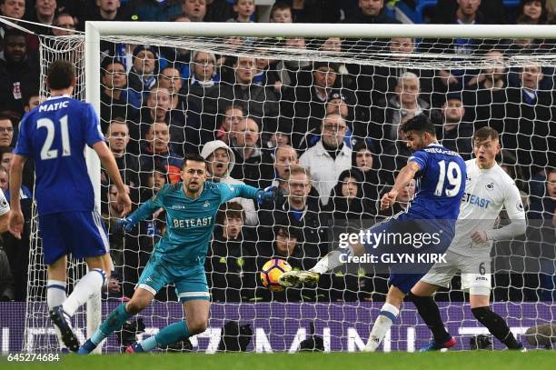 Chelsea's Brazilian-born Spanish striker Diego Costa scores their third goal during the English Premier League football match between Chelsea and...