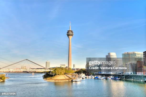 rhine tower in düsseldorf - düsseldorf stock-fotos und bilder