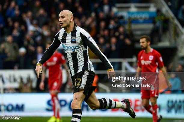 Jonjo Shelvey of Newcastle United celebrates after scoring their first goal during the Sky Bet Championship Match between Newcastle United and...