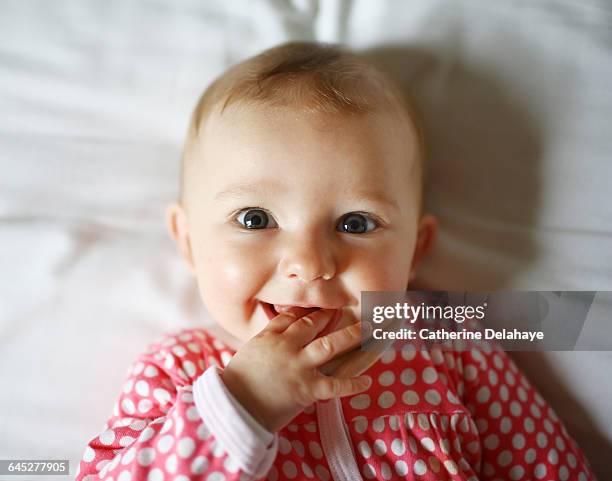 portrait of a 6 month old baby girl - baby girl fotografías e imágenes de stock